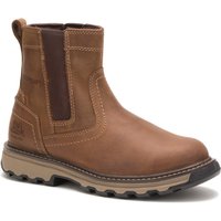 Brown Caterpillar Pelton safety boot, slip-on style, with elastic side panels and rugged sole, size 11.