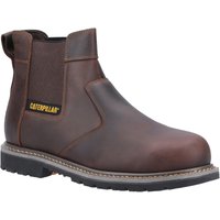 Brown Caterpillar Powerplant Dealer Boots, UK 10, with elastic side panels, pull tab, and rugged sole.