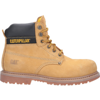 Tan Caterpillar safety boot with black padded collar, yellow laces, and rugged brown sole, size 6.
