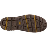 Brown Caterpillar safety boot sole with yellow accents, deep tread patterns, and logo in the center.