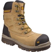 Tan Caterpillar safety boot with black toe cap, yellow laces, and rugged sole, featuring CAT logo on side and tongue.