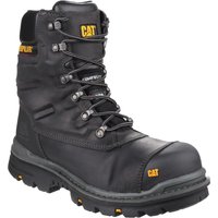 Black Caterpillar waterproof safety boot with steel toe, lace-up front, and rugged sole, size 10 by Footsure Western Limited.