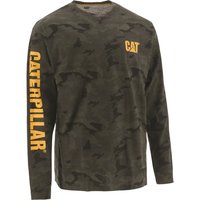 Camo Caterpillar long sleeve tee with yellow logo on chest and sleeve, size XL.