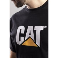 Black Caterpillar T-shirt with bold white "CAT" logo and yellow triangle on chest, worn by a person.