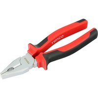 Red and black soft-grip TIMCO combination pliers, 8-inch chrome vanadium steel with serrated jaws.
