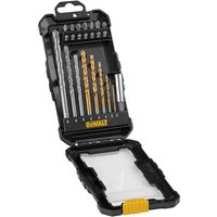 Black DeWalt 16 piece drill and screwdriver bit set in a compact case with clear lid and yellow latch.