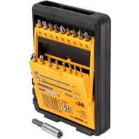 DeWalt 36 piece drill and screwdriver bit set in a compact, black and yellow double-sided plastic case.