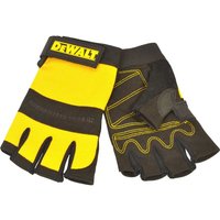 Yellow and black DeWalt fingerless gloves with padded leather palms and adjustable wrist straps.