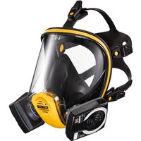 DEWALT full face mask respirator, large, black and yellow design with clear visor and dual filter cartridges.