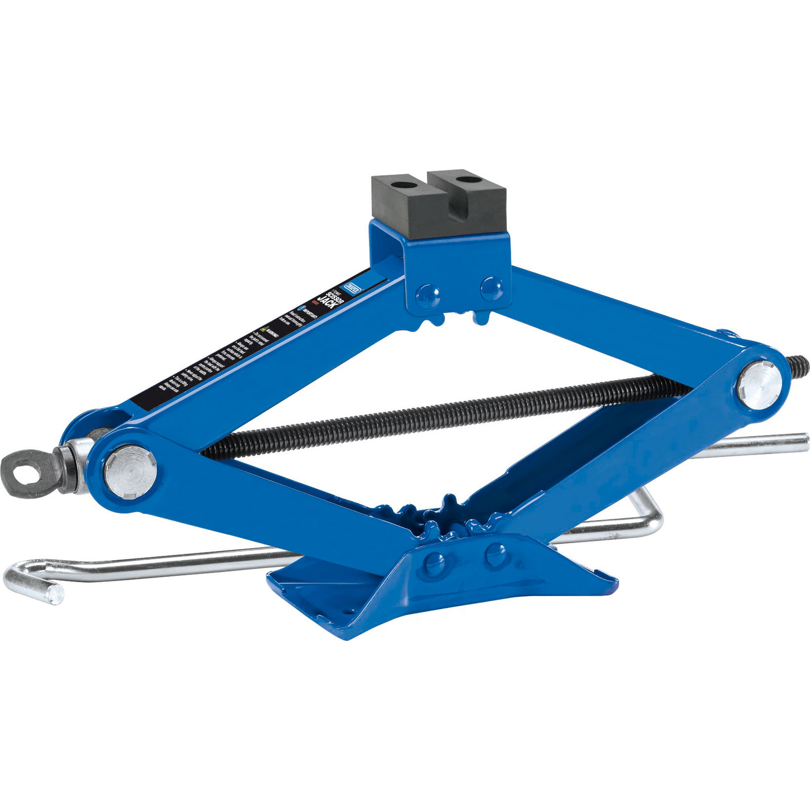 Blue steel scissor jack with a 1 tonne capacity, featuring a black rubber pad on top, a threaded lifting mechanism, and two metal handles for operation.