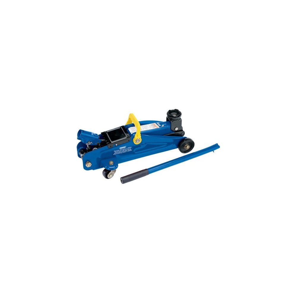 Blue Draper 27634 trolley jack with a yellow handle, rubberized grip, and a sturdy metal frame, capable of lifting up to 2 tonnes, includes a detachable handle.