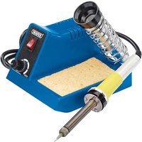Blue Draper 40W soldering station with yellow handle iron, metal coil holder, and sponge tray.