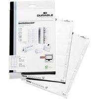 Durable 1455-02 White badge maker sheets with perforated edges and printed guidelines in a black and white package.