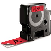 Dymo black on red label tape cartridge, 24mm x 7m, with visible red label strip extending from black plastic casing.
