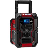 Red and black Einhell cordless radio with digital display, control buttons, and sturdy handle.