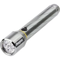Silver Energizer LED Vision HD torch, textured grip, black power button, yellow ring, 400 lumens, metal body.