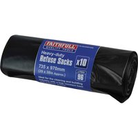 Black Faithfull heavy-duty rubbish sacks roll with blue label, 10-pack, 73.5x97cm size.