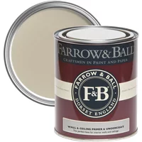 Farrow & Ball 2.5L paint can, maroon label, Wall and Ceiling Primer & Undercoat, Mid Tones, open lid showing beige paint.