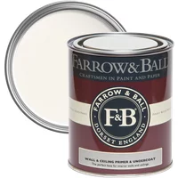 Farrow & Ball paint can, maroon label, white lid, 2.5L, for walls and ceilings, white and light tones primer and undercoat.