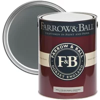 Farrow & Ball 5L paint can, dark tones, maroon label, open lid showing dark primer and undercoat for walls and ceilings.
