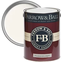 Farrow & Ball 5L paint can, maroon with white lid, labeled for wall and ceiling primer & undercoat, white & light tones.