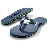 Blue Festool flip flops with green accents and logo on the strap and sole.