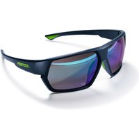Festool Fan UVEX sunglasses with black frame, green accents, and reflective blue lenses.