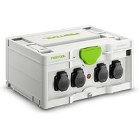 Festool SYS3-PH M 187 Systainer Power Hub, white with green handle, features multiple black outlets on the front.