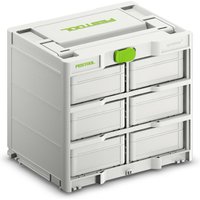 Festool SYS3-RK/6 M 337-Set Systainer Rack, gray with six drawers and green latch, compact and stackable design.