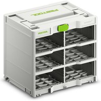 Festool SYS3-RK/6 M 337 Systainer Rack, light gray with six compartments and a green latch.