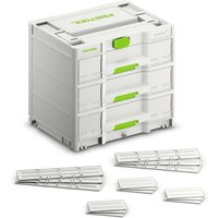 Festool SYS3-SORT/3 M 337 Sortainer Case, white with green accents, four drawers, and customizable dividers.
