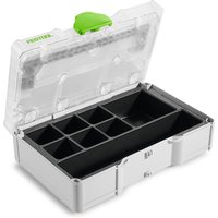 Festool Systainer SYS3 S 76 case with clear lid, green latch, and black storage organiser insert with multiple compartments.