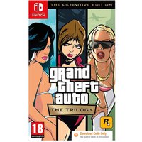Switch game cover for "Grand Theft Auto Trilogy" featuring three illustrated women in stylish outfits.