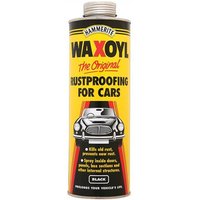 Hammerite Waxoyl Clear Schutz 1 Litre can with yellow label, black car graphic, and red text accents.