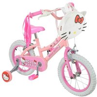 Pink Hello Kitty 14' bike with white tires, training wheels, handlebar streamers, and a Hello Kitty face handlebar bag.