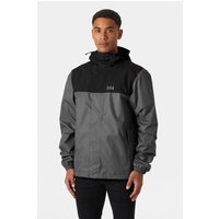 Grey Helly Hansen rain jacket, size XXL, with black shoulders, hood, and elastic cuffs.