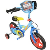 Blue Hot Wheels 12' bike with Revver, flame decals, red wheels, training wheels, and black handlebars.
