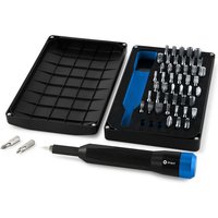 Black and blue iFixit precision bit set with 48 bits, magnetic driver, and storage case.