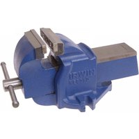 Blue Irwin Record mechanic vice with 100mm jaws, swivel base, and chrome handle.