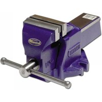 Blue Irwin Record mechanic's vice with silver jaws, swivel base, and handle, 115mm jaw width.