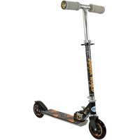 Black and silver Jurassic World folding scooter with dinosaur graphics and gray foam handle grips.