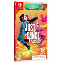 "Just Dance 2025 CIAB for Switch, vibrant cover with dancers, orange background, includes Ariana Grande song pack"