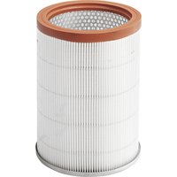 White cylindrical Kärcher vacuum filter with pleated design, orange rim, and perforated metal top.