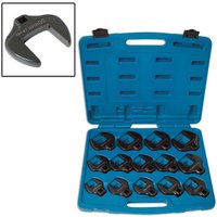 Blue plastic case with 14 silver crows foot wrenches, each with a 1/2" drive, organized in slots.