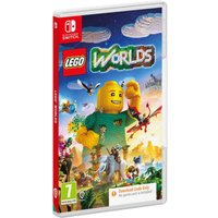 LEGO Worlds Switch game box with colorful LEGO characters and landscapes, featuring a large smiling LEGO figure.
