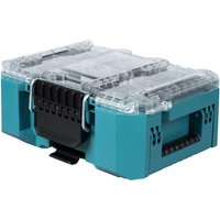 Teal Makita MakTrak organiser with clear lid, black latch, and side handles for tool storage.