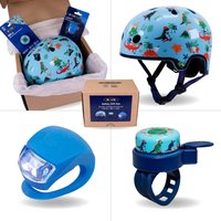 Dino-themed blue helmet, matching bell, and blue LED light in a gift box set by Micro Scooter.