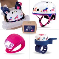 Unicorn-themed pink helmet, pink LED light, blue bell, and gift box from Micro Scooter Safety Gift Set.