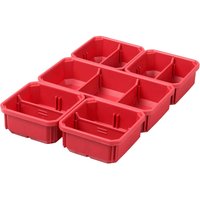 Red Milwaukee Packout Slim Organizer Bins, 5 Pack, stackable with interlocking design and durable plastic construction.