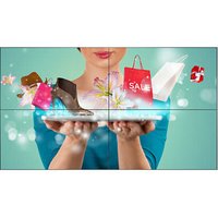 Philips 49-inch signage display with thin bezels, vibrant digital shopping imagery, and sleek black frame.